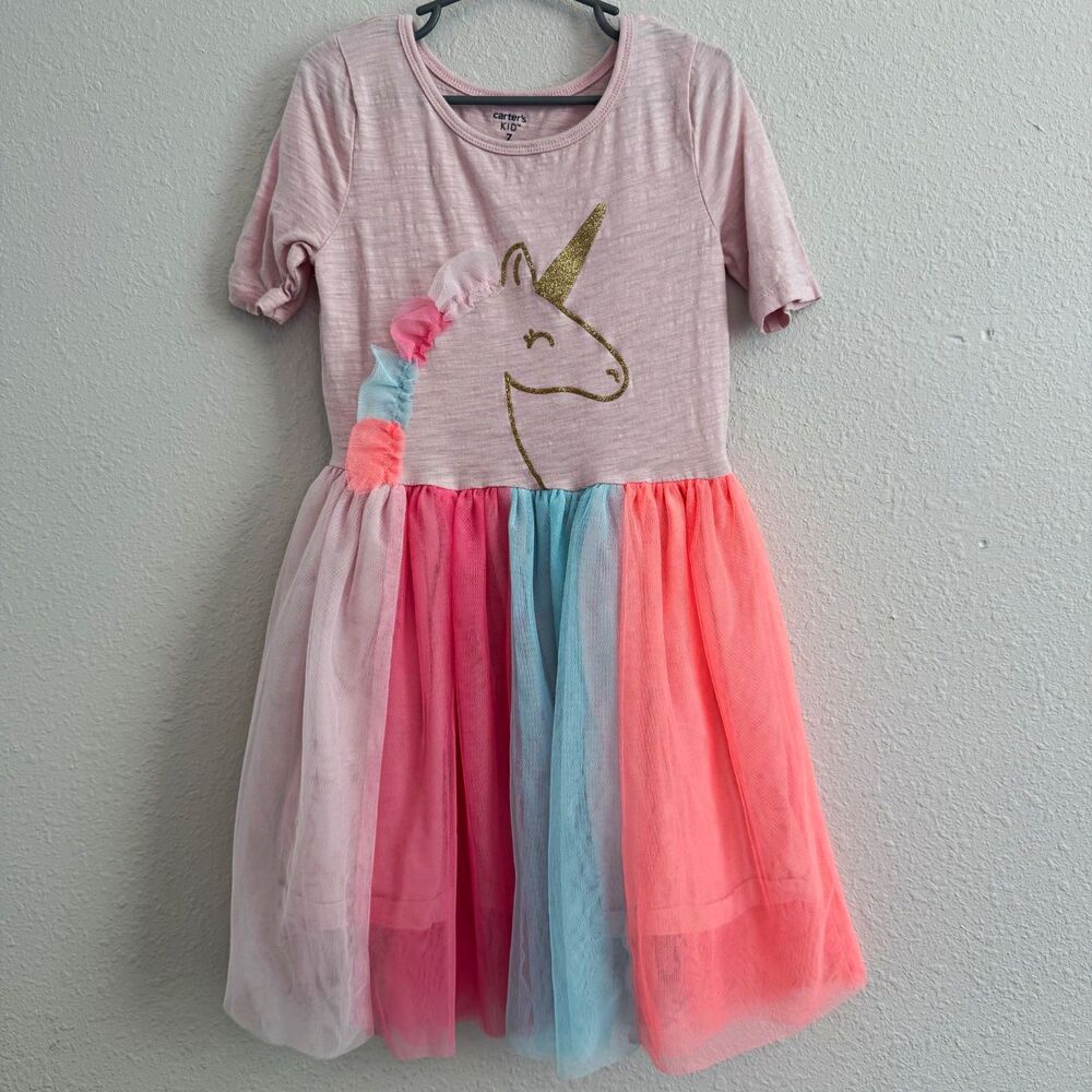 Carter's Girls Size 7 Pink Colorblock Unicorn Tulle Glitter Fit & Flare Dress